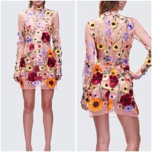 Finesse Size XS Sheer Floral Mesh Mini Dress Blush Pink 3D Appliqué Long Sleeve